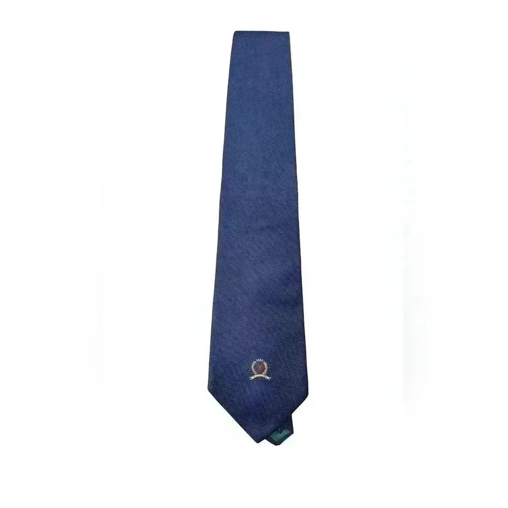 Tommy Hilfiger Men's Navy Blue 100% Silk Tie with Logo Made in U. S. A.